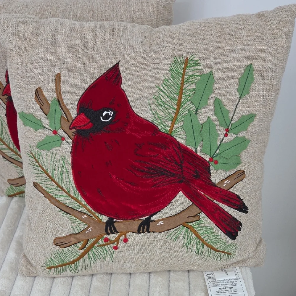 2 St. Nicholas Square Red Cardinal Embroidered Holiday Pillow W/Green Accents